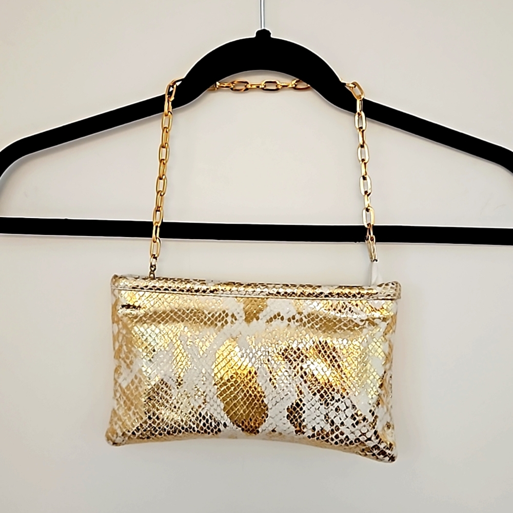 Gold metallic faux snakeskin print small clutch handbag EUC roomy evening prom